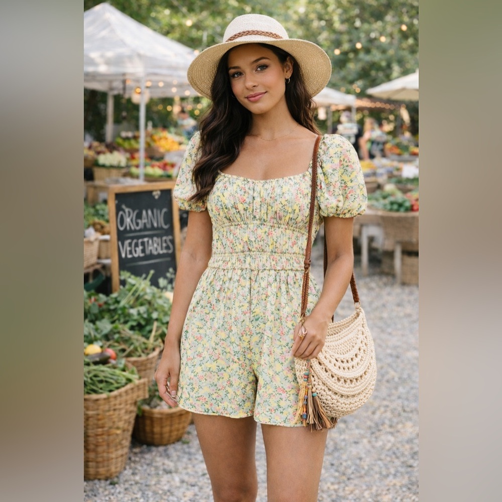 Altar’d State Green Floral Cutout Romper Lined XS NWOT